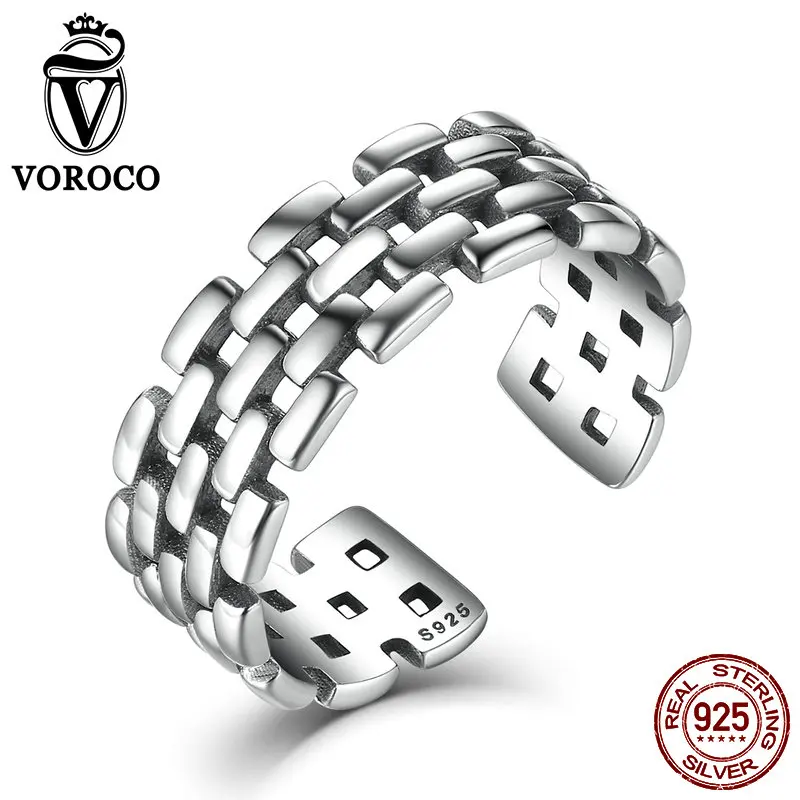 

VOROCO Retro 925 Sterling Silver Rings Watch Chain Patterns Finger Adjustable Cuff Ring for Women & Man Fine Jewelry