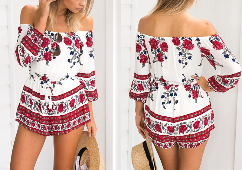 Sexy off shoulder red floral print elegant jumpsuit romper 2017 Summer ...