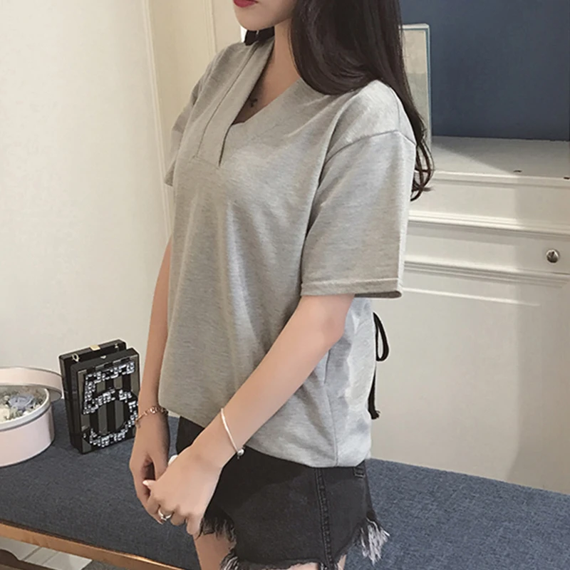 

Black Elegant Women T-shirt Slim Fit Backless Hollow Out Short Sleeve V-Neck Plus Size High Street Casual Summer T-shirt Women