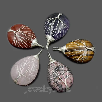 

5PCS/Lot Natural Gem stones Tree Life Drop Silver Healling Reiki Chakra Beads Pendant 30x40mm Diy Jewelry Design Wholesale