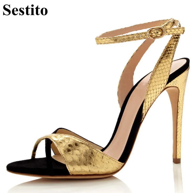 

New Elegant Gold Snake Pattern Cross-tied Sandals Peep Toe Thin Heels Party Women Sandals Mixed Colors Buckle Strap Women Shoes