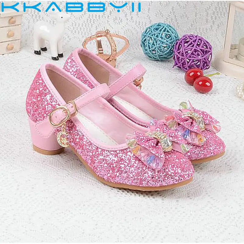 

2018 Spring Kids Girls Shoes High Heels For Party Sequined Blue Pink Sandals Ankle Strap Snow Queen Children Girls Shoes