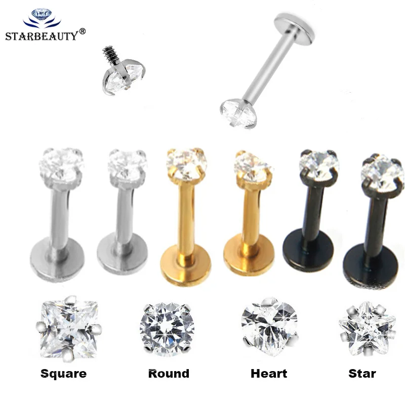 2-Piece Prong Set Gem Top Labret Studs - Internally Threaded, 16G, Surgical Steel, CZ