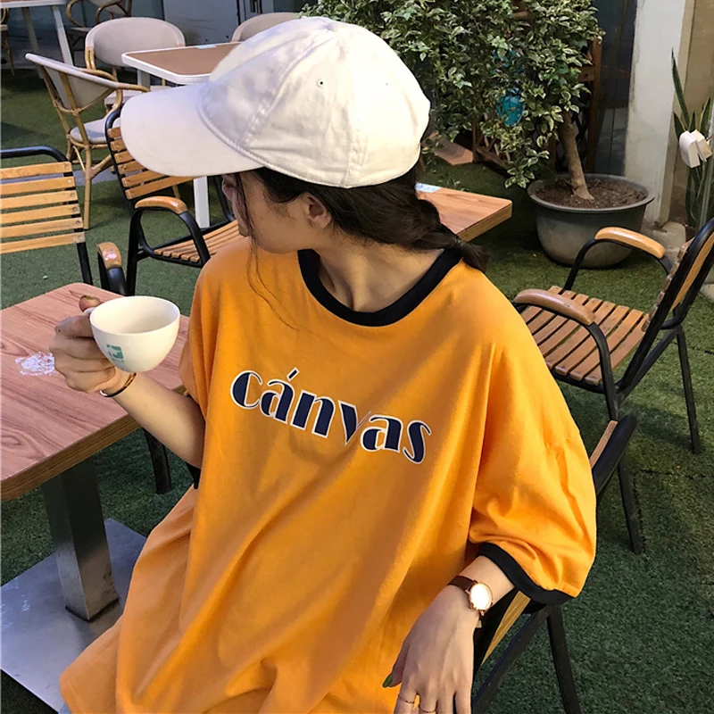 

Summer Korea ulzzang female letter print stitching cotton new Harajuku fashion casual short-sleeved O-neckt Preppy T-shirt