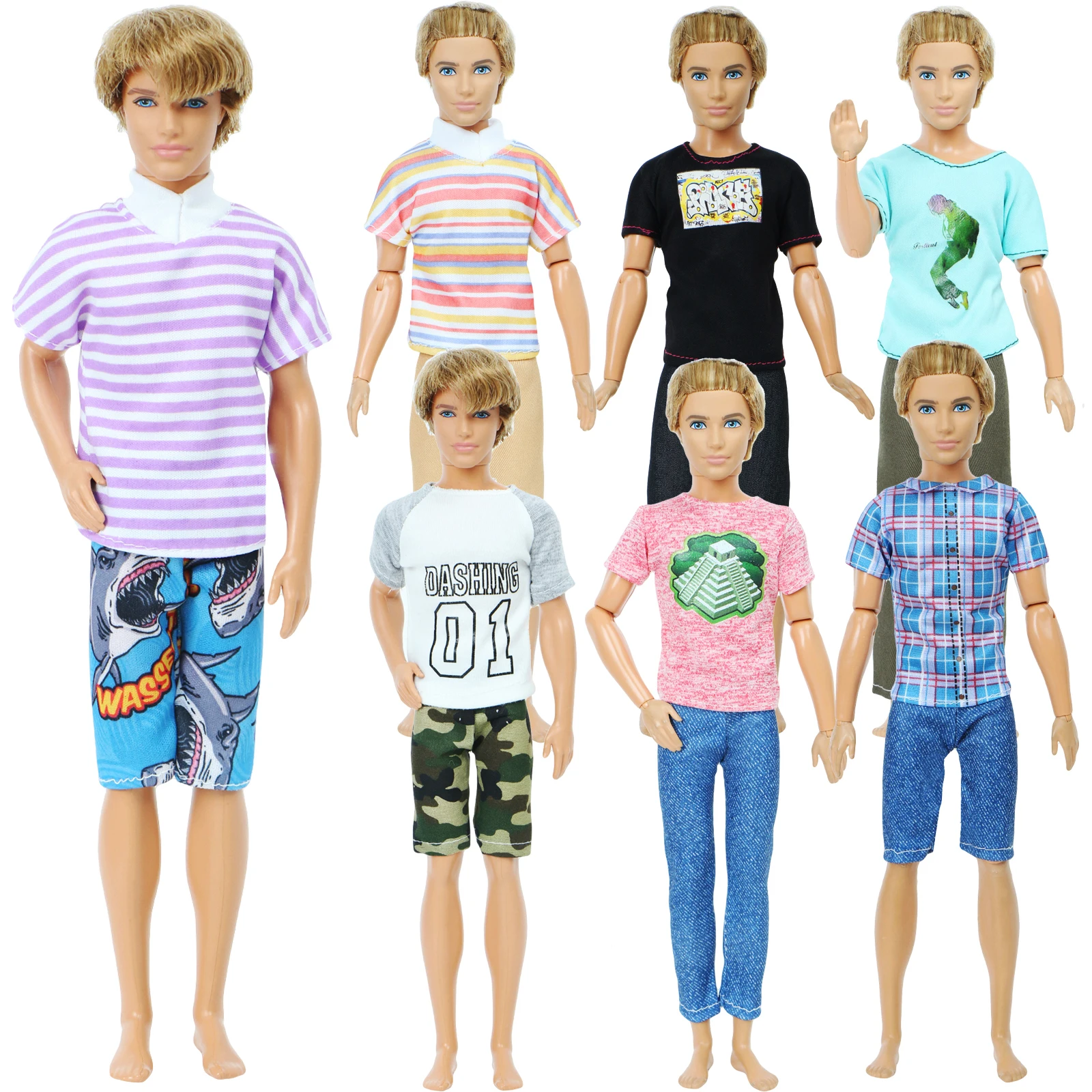 1 комплект, повседневный наряд, штаны, шорты+ полосатая футболка, мужская летняя одежда для Барби, аксессуары для куклы Кена, много стильных вещей
