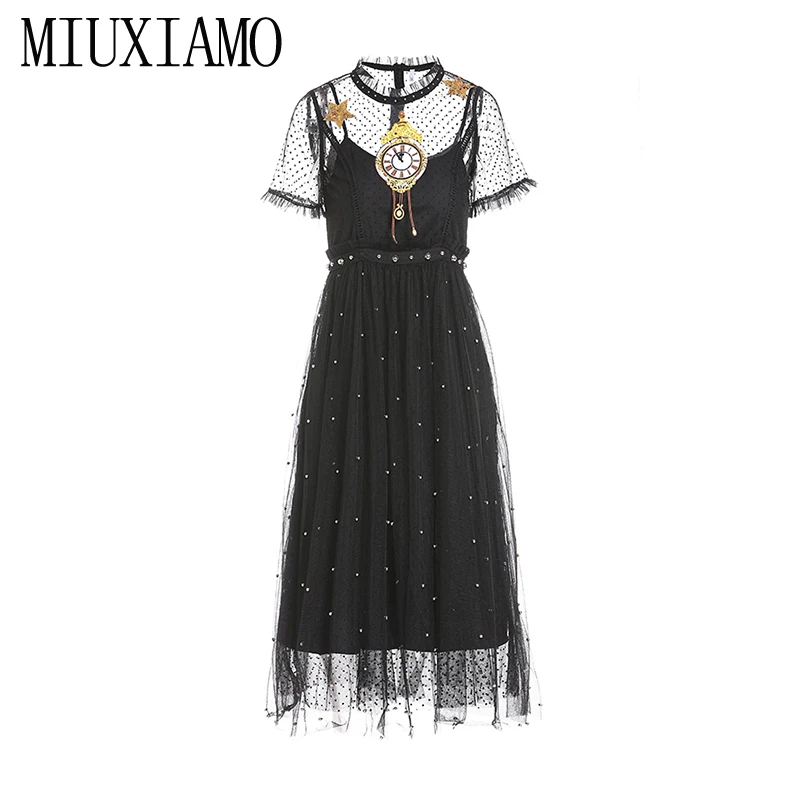 

MIUXIMAO 2019 New Fashion Runway Summer Dress Women's Retro Half Sleeve Flower Embroidery Star Vintage Dress Women vestidos