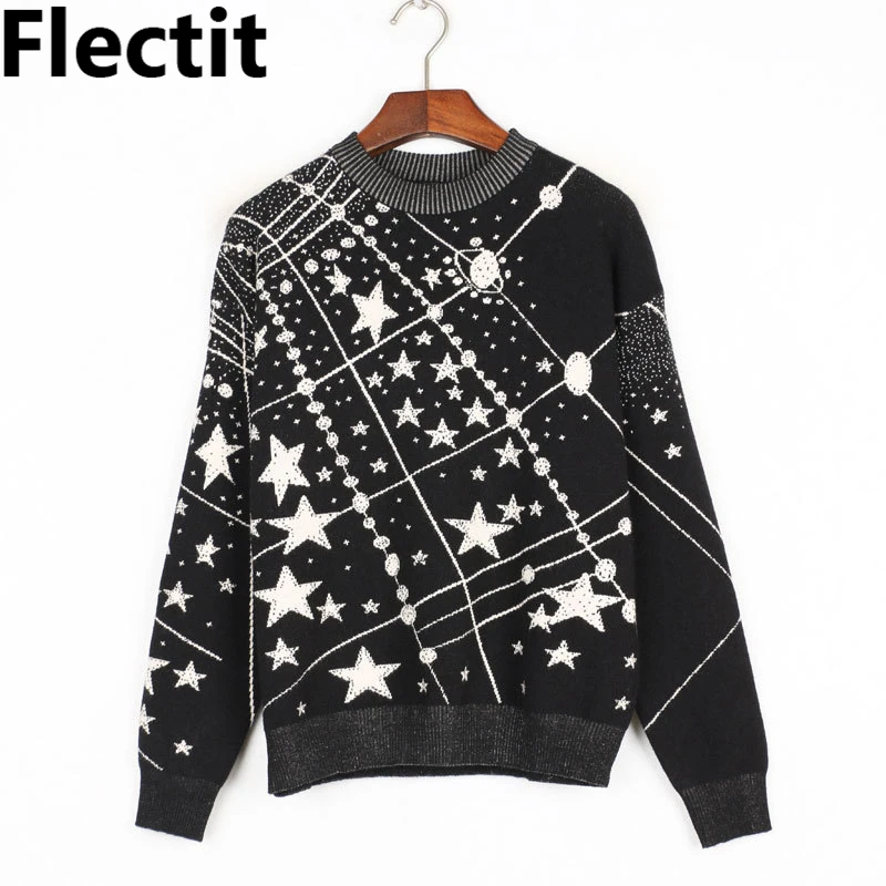 Flectit Black Galaxy Star Sweater Women Long Sleeve Mock Neck Oversized Knitted Top Pullovers Constellation Jacquard * | Женская одежда