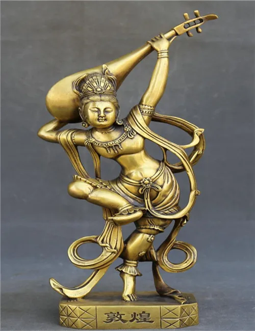 Chinese dunhuang pure brass fairy played pipa crafts statuein Statues