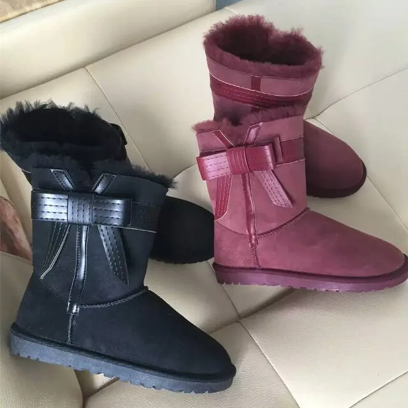 ФОТО BLIVTIAE/Luxury New Sheepskin Snow Boots Female Fur Boots Natural Sheepfur Bow MiddleTube Warm Non Slip Women Winter Shoes