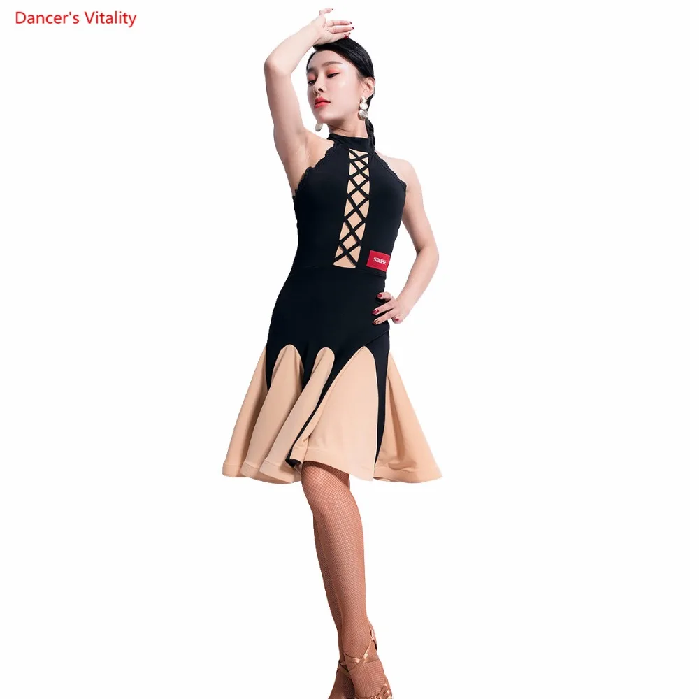 

Latin Dance Dress 2018 New Adult Female Stand Collar Sleeveless Ruffles Dress For Women Latin Ballroom Dance Practice Wear