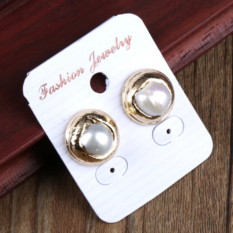 

simple natural off white ivory white freshwater pearl bead charm pure gold color frame rim push back stud earring for women man