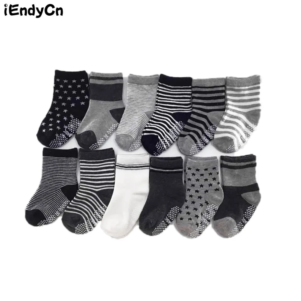 

iEndyCn 12 Pairs/Lot Baby Socks With Grips Anti-slip Children Socks Comfortable Cotton Baby Socks For Baby 0-3 Years Old GXY015