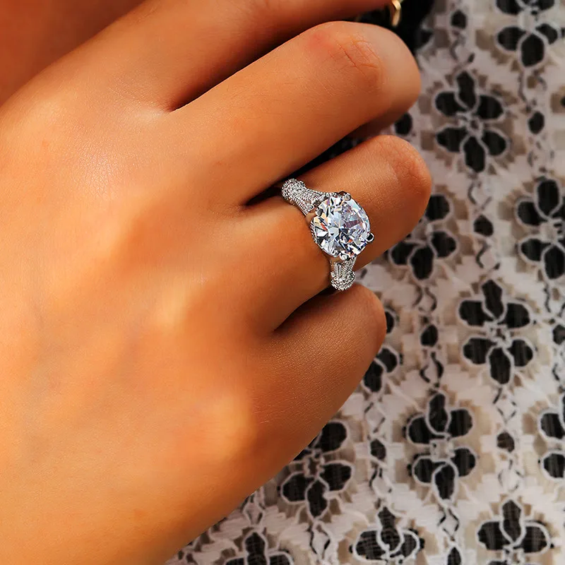 Роскошное модное женское кольцо-Пасьянс с круглым камнем, серебряное кольцо из розового золота, обещающее любовь, обручальное кольцо для женщин