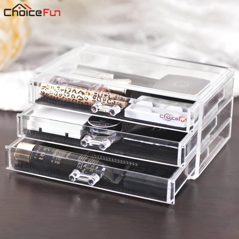 

CHOICEFUN Simple 3 Drawers Women Easy Home Dresser Clear Acrylic Cosmetic Makeup Make Up Box Storage Organization For Desk