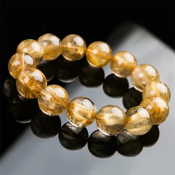

16mm Genuine Natural Yellow Golden Rutilated Quartz Bracelets Women Men Powerful Stretch Clear Rutilated Quartz Crystal Bracelet