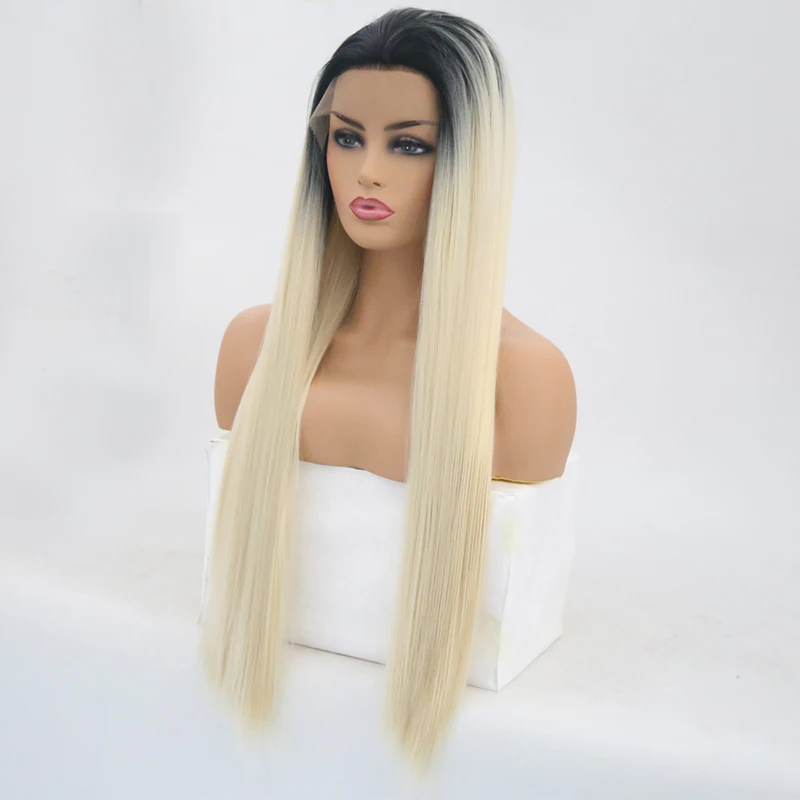 Charisma Ombre Blonde Wig Straight Hair Synthetic Lace Front Wig High Temperature Wigs with Black Roots Free Part Lace Wigs