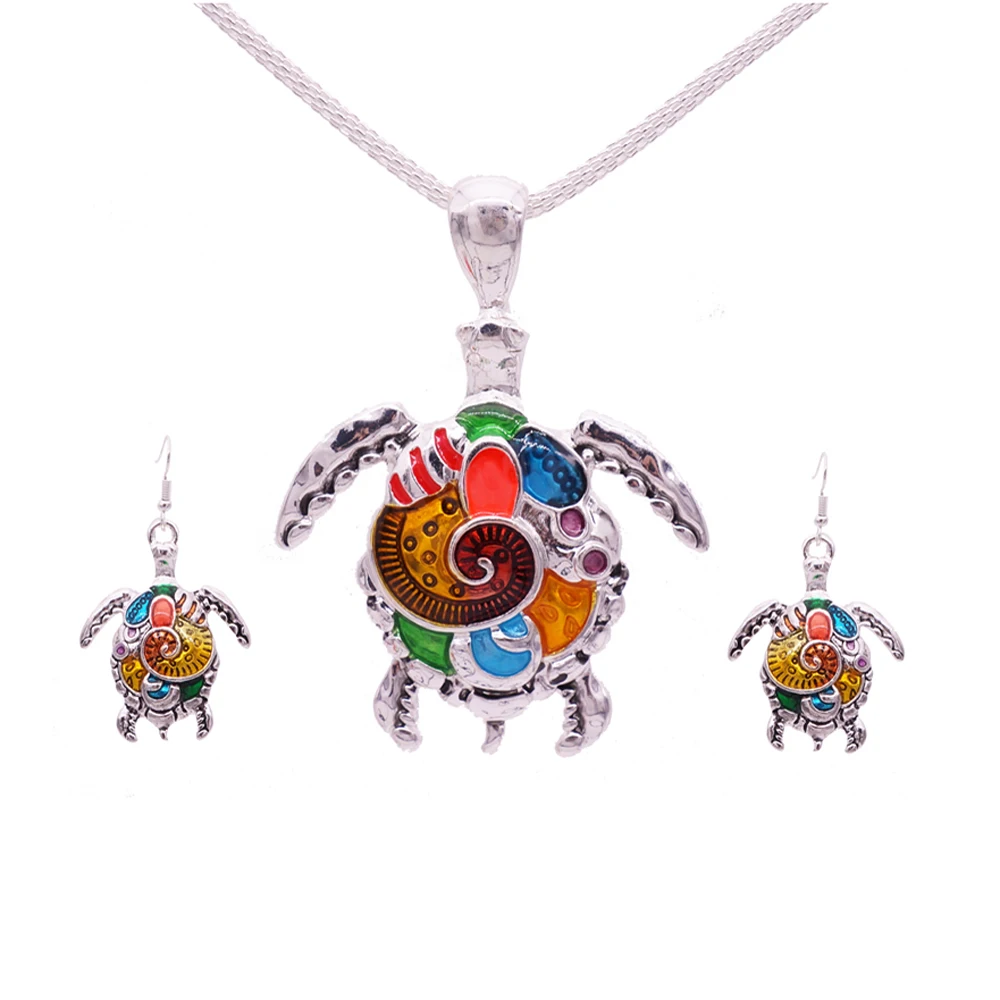

Enamel Turtle Jewelry Sets For Women Turtle Animal Necklace Earring Set Vintage Ethnic Sea Jewelry