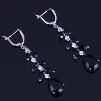

Pretty Water Drop Black Cubic Zirconia White CZ Silver Plated Drop Dangle Earrings V0821