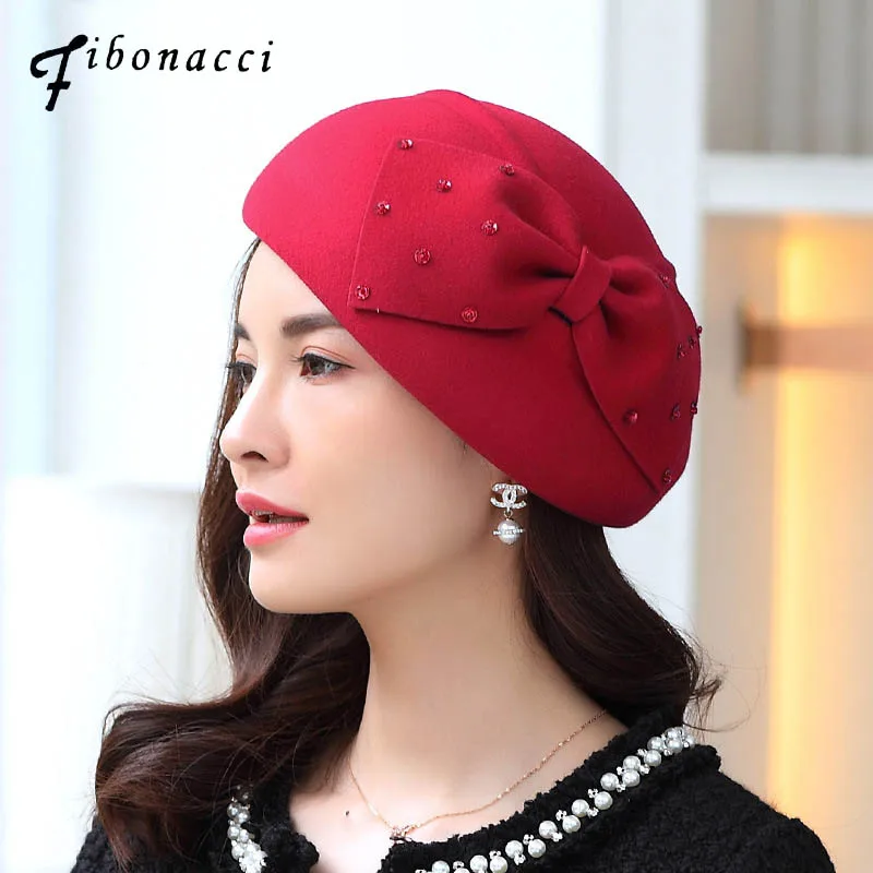 Fibonacci Elegant Female Berets Wool Felt Cap Bow Sequin Embellishment Beret Hats for Women