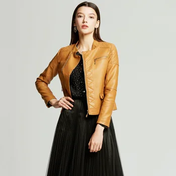 

NXH 2019 yellow leather jacket women autumn coat plus size luxury jacket biker jacket women faux leather Red black pink