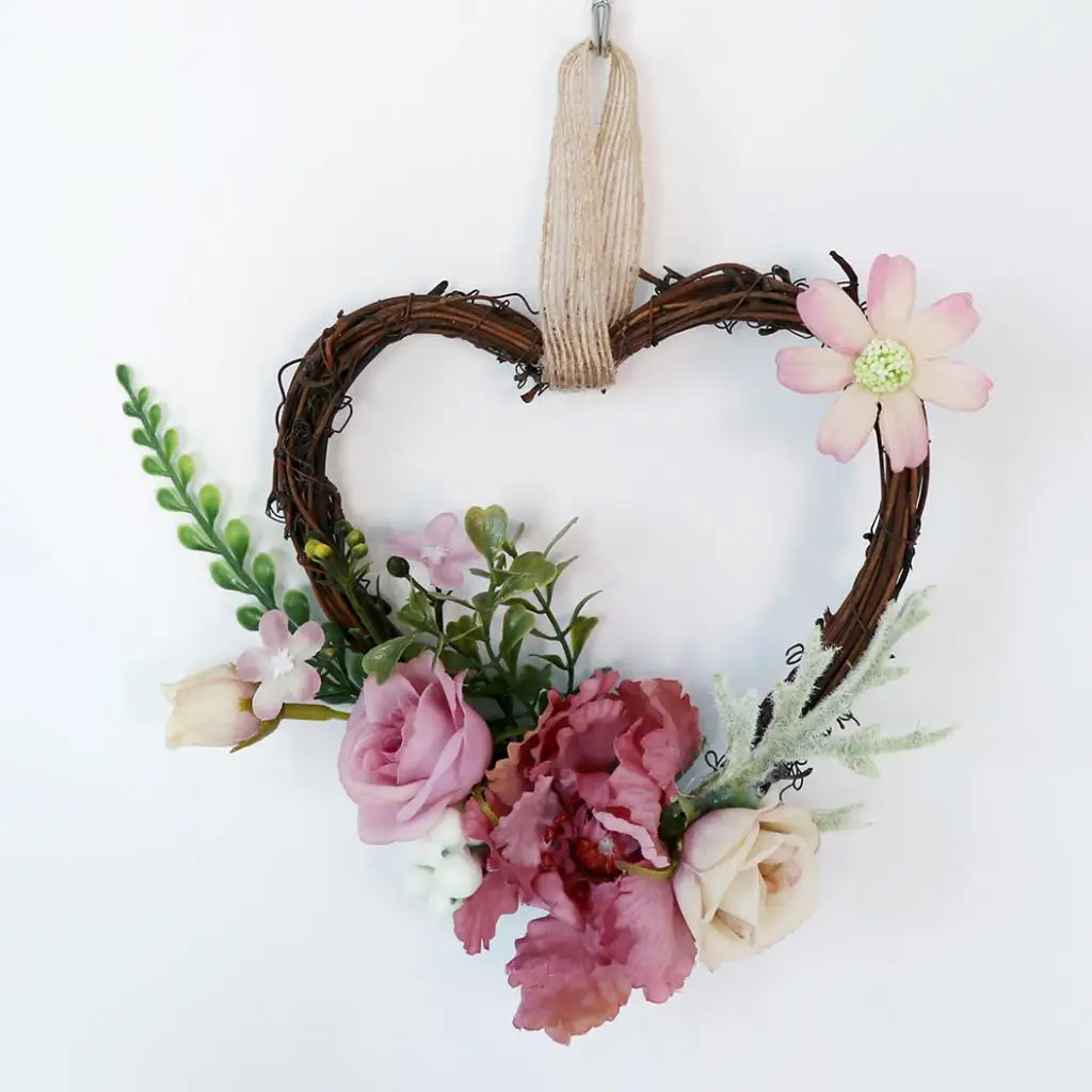 Heart Rattan Artificial Rose Flower Blossom Wreath Garland Chair Door Wall Decor