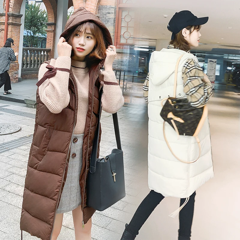 

2019 Winter Long waistcoat Casual solid warm hooded sleeveless thicken warm waistcoat female parkas vest jacket