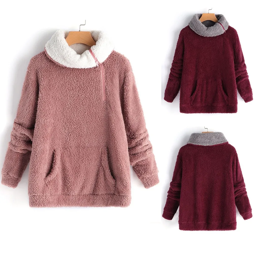 

Women's Autumn And Winter Long Sleeve Turndown Collar Hoodies Fleece Sweatshirt Warm Zip Solid Fuzzy Hoodie Pullover Hoody