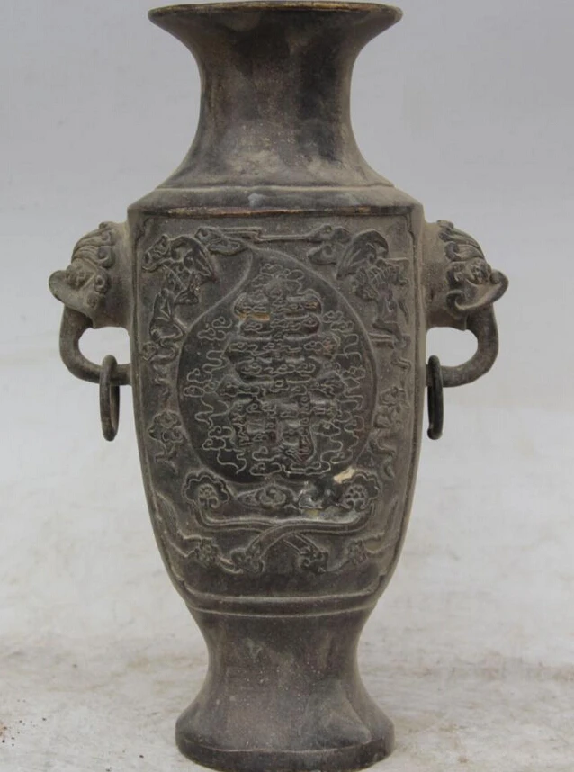 

S5725 9" Old Marked Chinese Dynasty palace Bronze Shou Beast handle flower Bottle Vase D0317