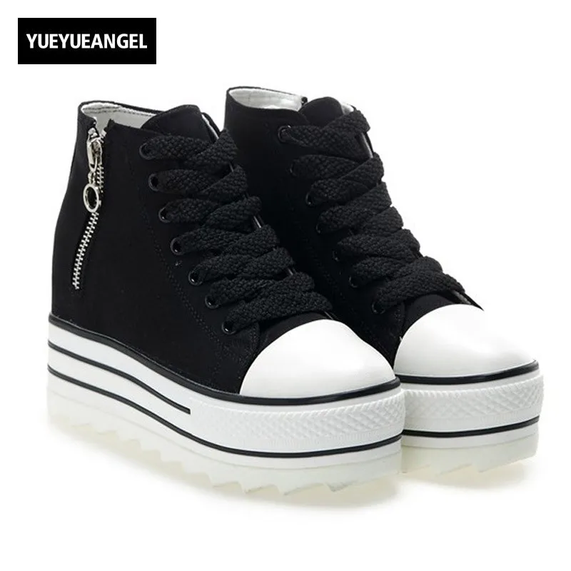2019 Spring New High Top Canvas Shoes Women Flat Platform Lace Up White ...