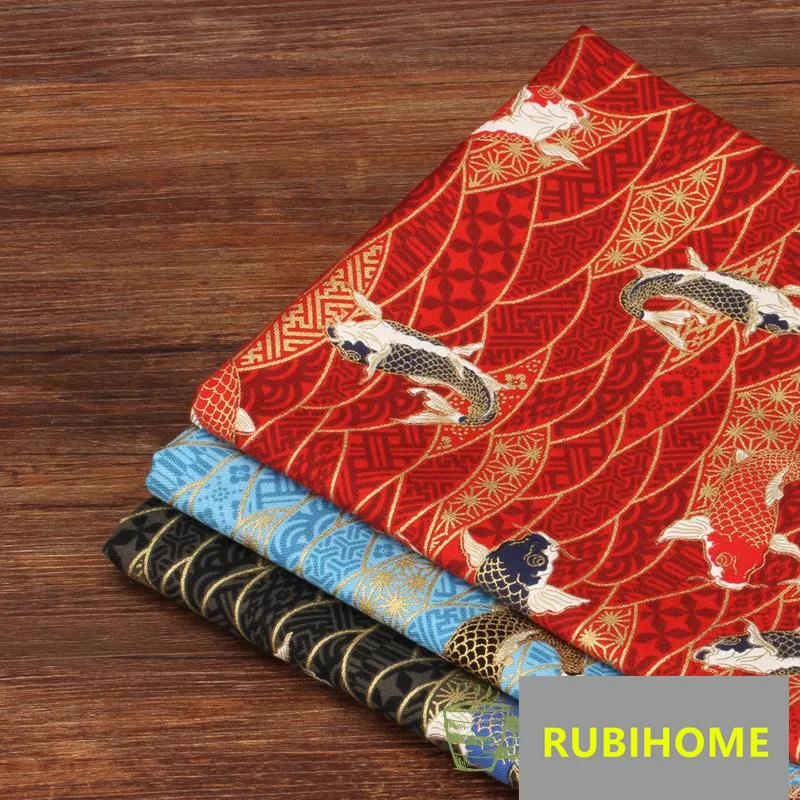

RUBIHOME (45x110cm/Piece) Printed Japanese Fish Wave Design Kimono Style Cotton Fabric Bronzed for DIY Sewing Cloth Handmade
