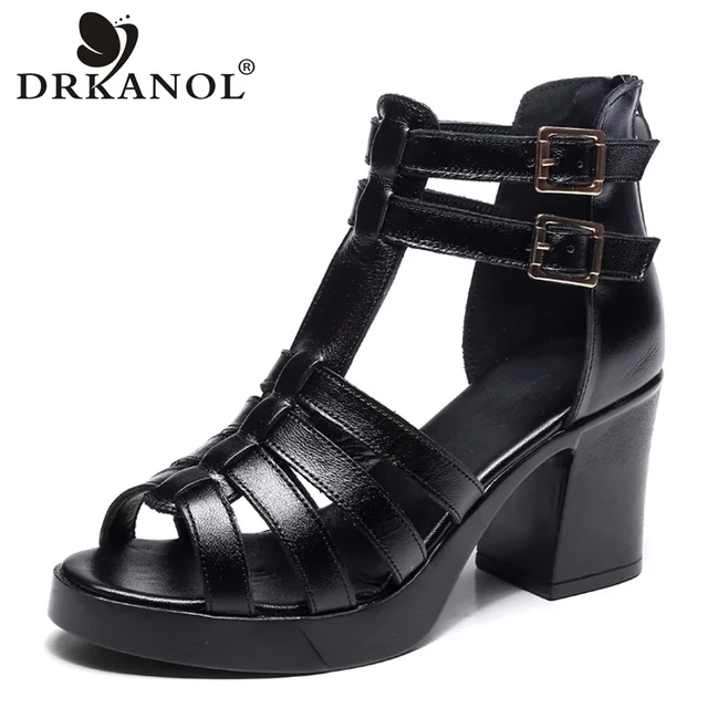 DRKANOL 2021 Cow Leather Women Sandals Black Sexy High Heel Gladiator Sandals Cut-outs Peep Toe Buckle Summer Women Casual Shoes 1
