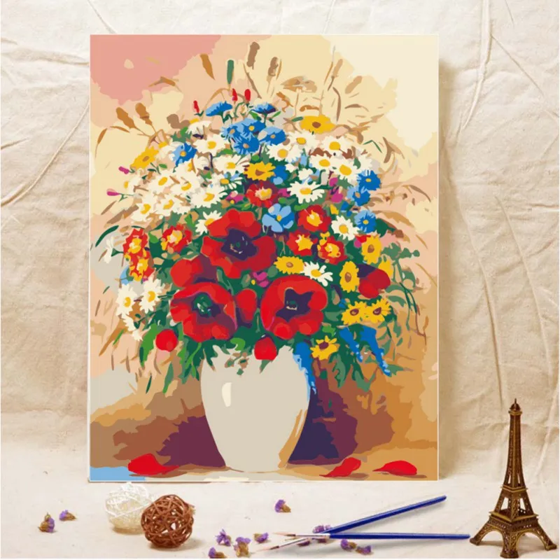 

DIY Flower Theme Painting By Numbers Kits Linen Canvas + Environmental Acrylic Paint High Elastic Brush Wall Decor
