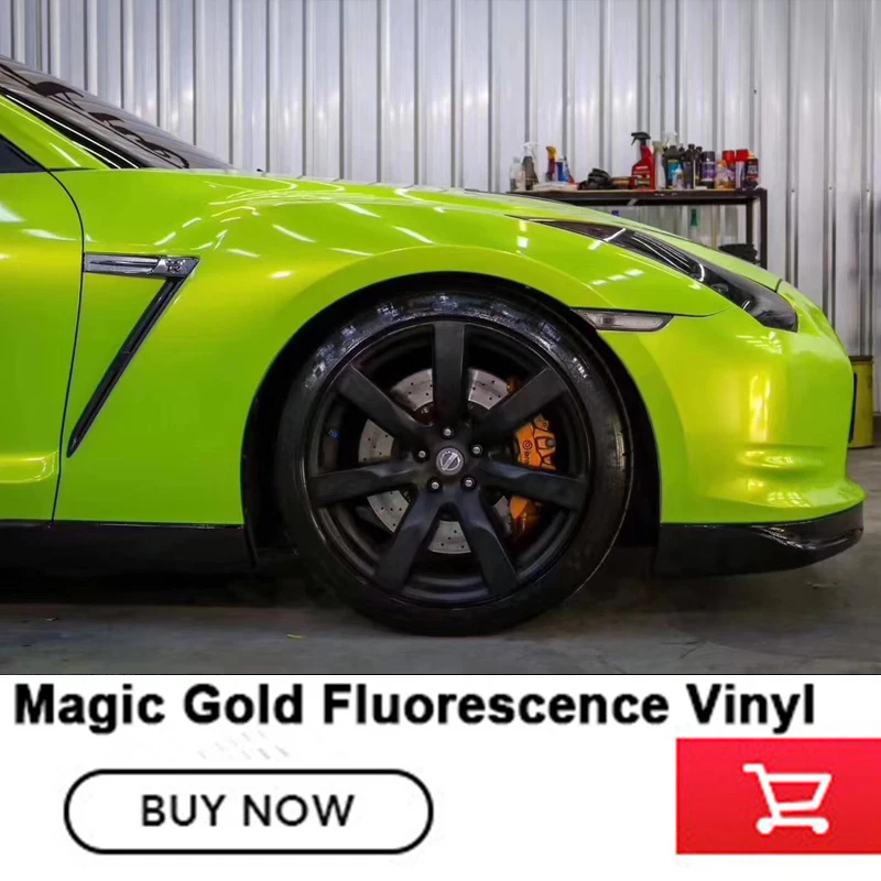

Glossy Gold Magic fluorescence Vinyl Film Shiny Gloss Wrap Foil For Car Body Wrapping solvent based low initial tack adhesive