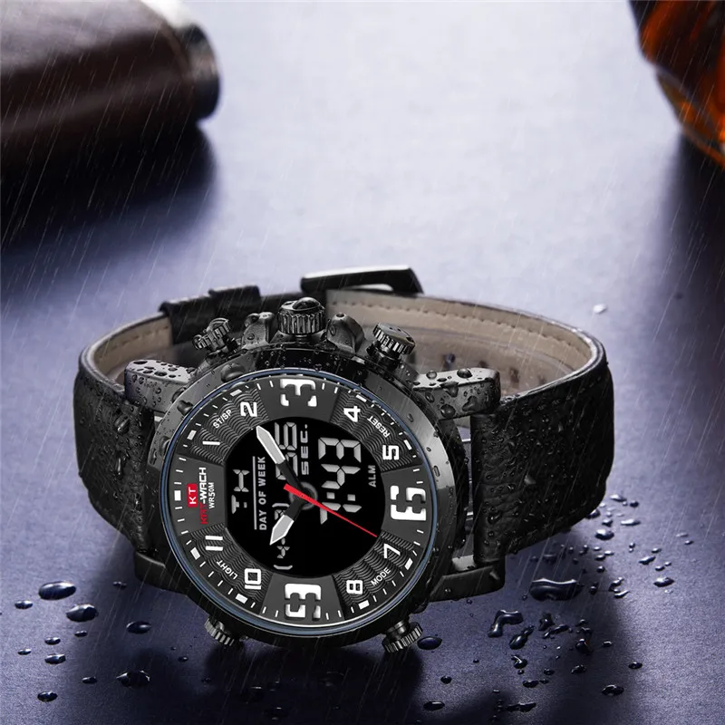 KAT-WACH Mens Dual Watches Brand Men Leather Sports Watches Men's Quartz LED Digital Clock Waterproof Military Wrist Watch