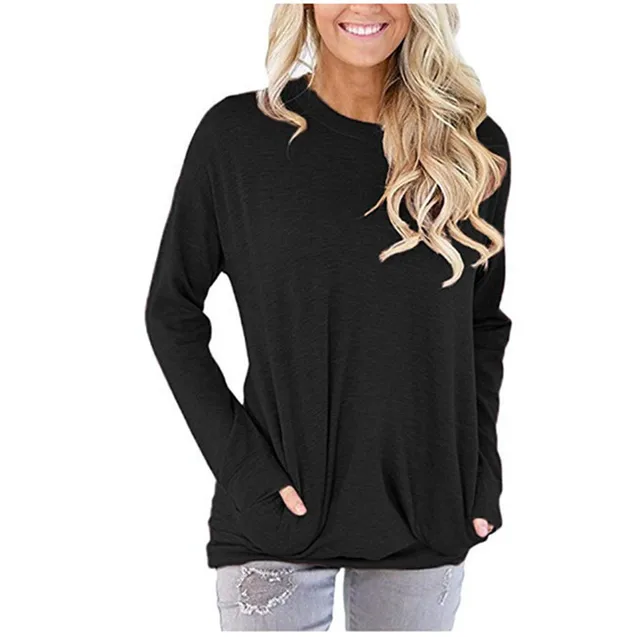 Women Autumn Round Neck Full Sleeve Cotton T shirt Loose Pockets Solid ...