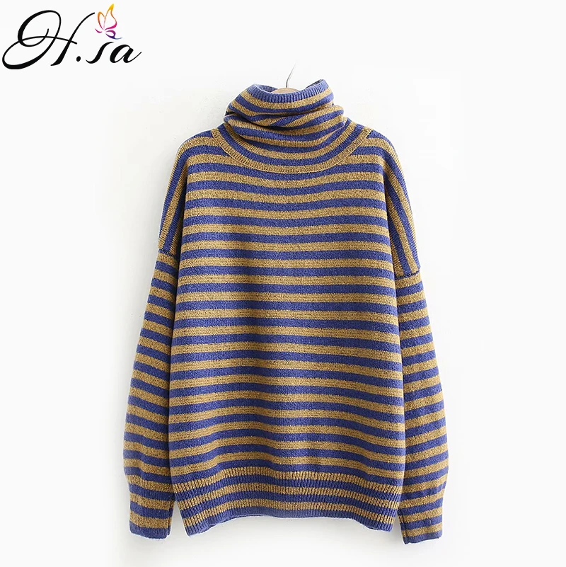 

H.SA 2018 Winter Clothese Women Striped Turtleneck Pullover and Sweaters Warm Thick Pull Jumpers Loose Stripe knitted sweater