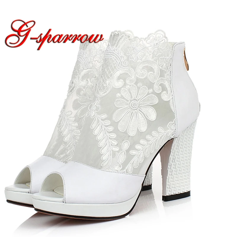 

White Lace Peep Toe Boots Woman Chunky Heel Wedding Party Prom Shoes Fashion All Match Summer Sandals Promotion Special Price