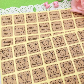 

500Pcs Handmade Kraft Paper Card Stickers Label Dashed Square Design With Bear For You For Envelope Package Bag Sealing Stickers