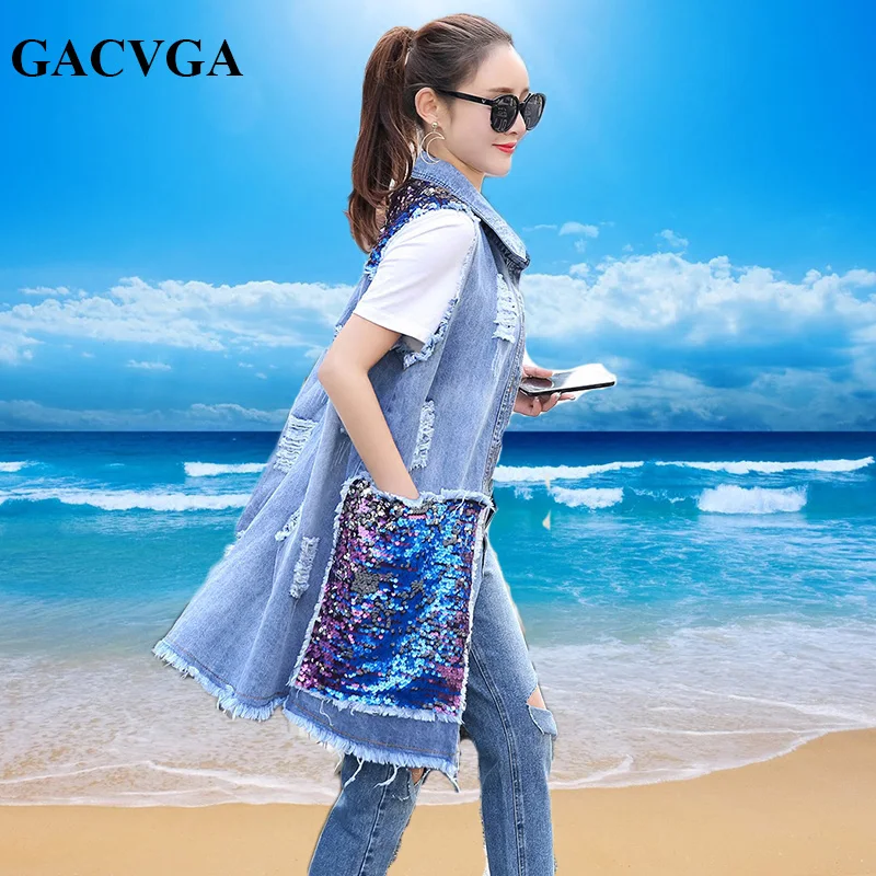 GACVGA 2019 весна осень длинный кардиган джинсовая куртка с блестками Джинсовая без