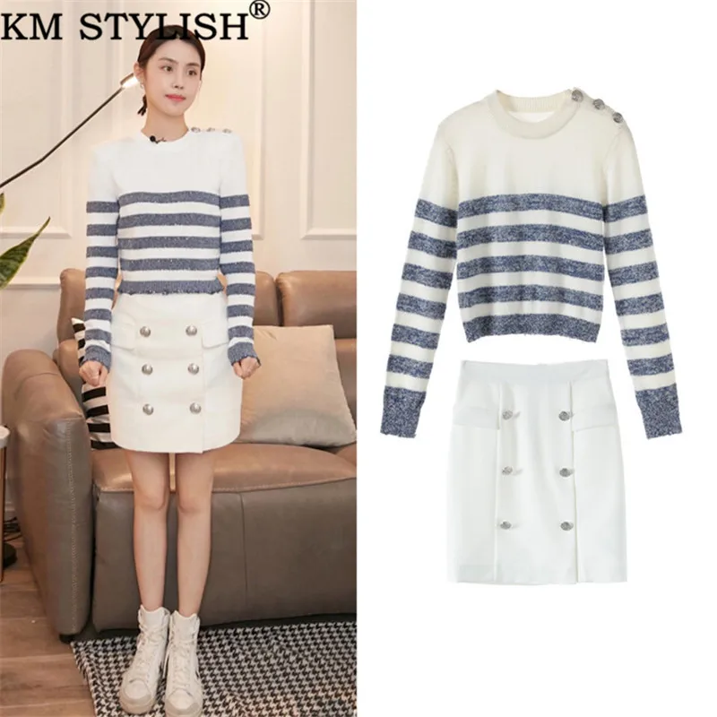 

2019 Fall Winter New Shoulder Trim Buckle Stitching Long Sleeve Striped sweater + White High Waist Skirt Women's Two Piece Set
