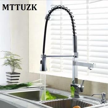 

MTTUZK kitchen brass square spring faucet, pull out kitchen faucet hot and cold water mixer tap deck mounted basin faucet