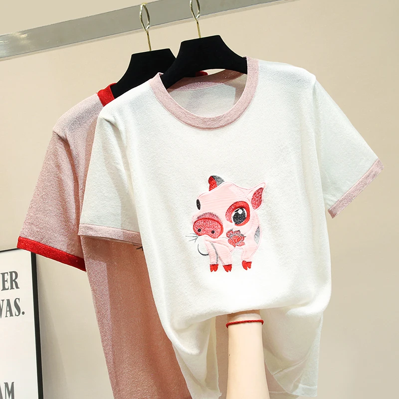 

Feminine Tshirts 2019 New Summer Fashion Embroidered Pig Cartoon Students Tops All-match Loose Casual Students Knitted T-shirt