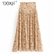 TXJRH Чешский звезда Цветочный принт оборками дерево уши юбка с разрезом бежевый Высокая Талия Для женщин пол Длина длинное качели юбки
