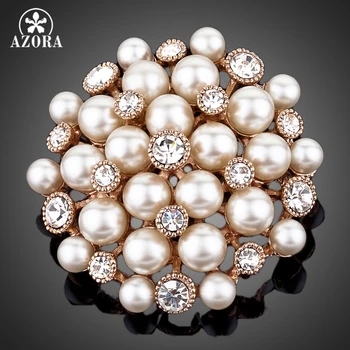 

AZORA Rose Gold Color Stellux Transparent Austrian Crystal Gold Color Imitation Pearls Flower Brooch TP0001