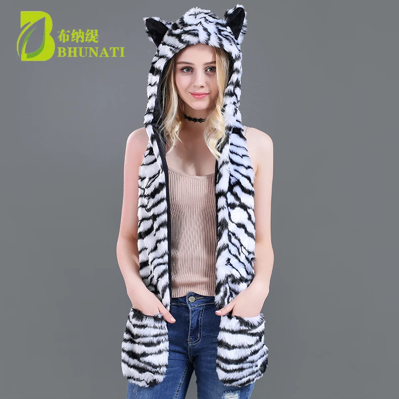 

2024 New Warm Winter Hat Scarf Glove Set Artificial Animal Fur Hat Plush Cartoon Animal With Long Scarf