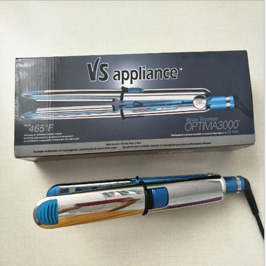

Hot selling stainless steel hair straightener blue titanium straight roll dual plywood electric hair bar with a lock