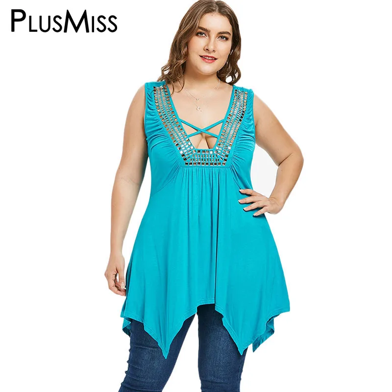 PlusMiss Plus Size Rhinestone Sequin Tunic Ethnic Boho Tank Tops Women Big Size Long Sexy V Neck