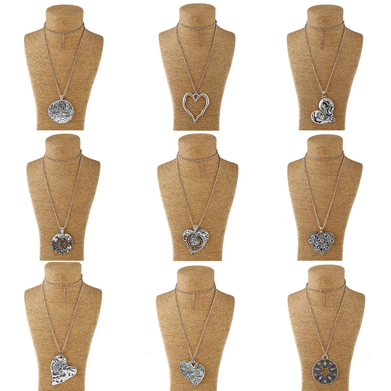 1 шт. старинное серебряное крупное абстрактное металлическое сердце-подвеска длинная цепочка Lagenlook ожерелье для женщин
