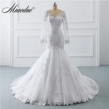 Свадебные платья русалки с длинным рукавом аппликация из белого кружева Vestidos De Novia бисером жемчуг vestido de casamento