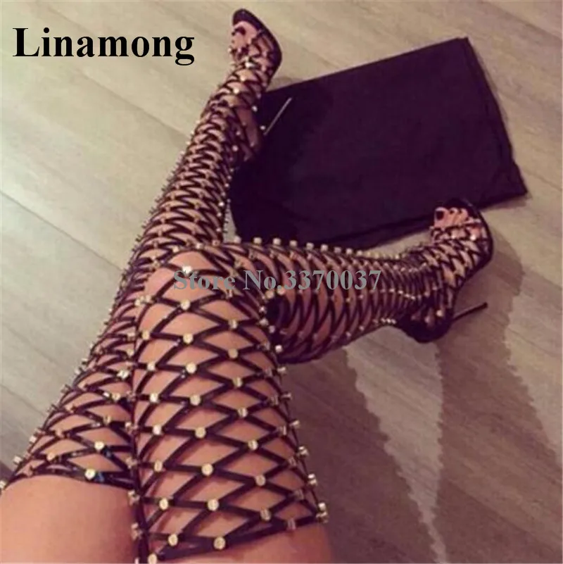 

Newest Women Open Toe Cage Design Over Knee Gold Rivet Gladiator Boots Cut-out Thigh Long Sexy High Heel Boots Nightclub Shoes